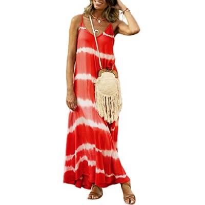 HEYPORK Damen Frühling Sommer Rock Bequem Lässig Kleider Mode Frauen Röcke Cami-Kleid Bedrucktes Gestreiftes Langes Loses Kleid(Rot, M) von HEYPORK