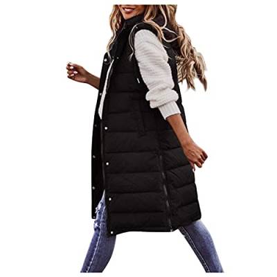 HHMY Longweste Damen Steppweste: Langer Wintermantel Weste Mit Kapuze Ärmellos Warmer Daunenmantel Mit Taschen Steppweste Daunenjacke Steppjacke Übergangsjacke, A02-Schwarz, S von HHMY