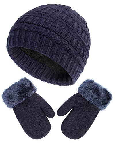 HHOOMY Kinder Winter Warm Beanie Mütze Handschuhe Set Doppellagige Thermo Strickmütze mit Fleece Futter für Mädchen Jungen Kinder Alter 2-6 Jahre alt, marineblau von HHOOMY