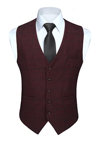 HISDERN Herren Karierte Weste formale klassische Weste Baumwolle Hochzeit Hahnentritt Anzug Westen Burgund 4XL von HISDERN