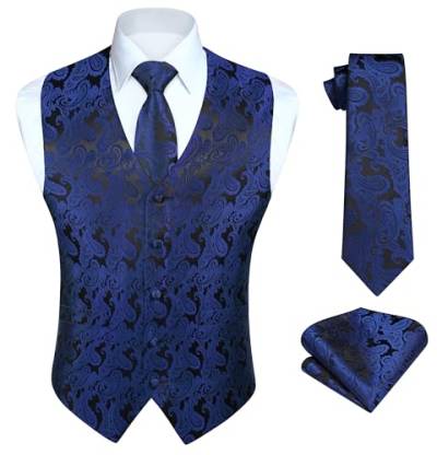 HISDERN Herren Paisley Weste Navy Blu Floral Jacquard Krawatte Einstecktuch Einstecktuch Hochzeitsfeier Business Fit Weste Anzug Set,3XL,Marineblau & Schwarz-N von HISDERN