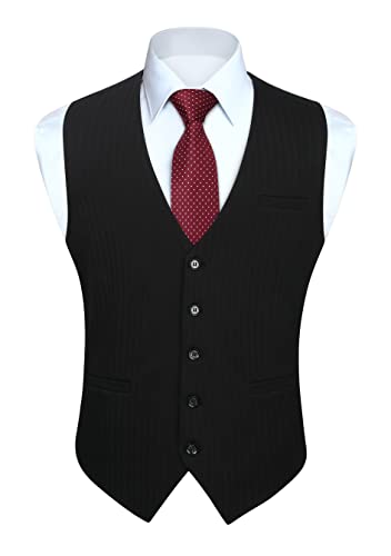 HISDERN Herren Schwarz Anzugweste Formale Hochzeit Party Weste Elegant Retro Business Anzugweste Baumwolle Einfarbig Weste mit Taschen Schwarz S von HISDERN