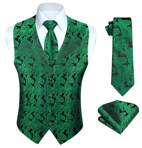 HISDERN Paisley Anzug Weste für Herren Jacquard Floral Hochzeit Party Grün Westen Krawatte Einstecktuch Taschentuch AnzugWesten Set 2XL von HISDERN