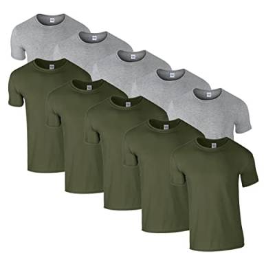 HLKauf 10 Gildan T-Shirts Softstyle Rundhals Ausschnitt M L XL XXL 3XL 4XL 5XL Shirt Herren Baumwolle & GRATIS Block (5X Military, 5X Sportgrey & 1 HLKauf Block, XL) von HLKauf