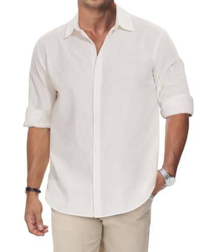 HMIYA Baumwolle Leinenhemd Herren Langarm Hemd Knopfleiste Freizeithemd Regular Fit Stehkragen Hemd,Weiß,2XL von HMIYA