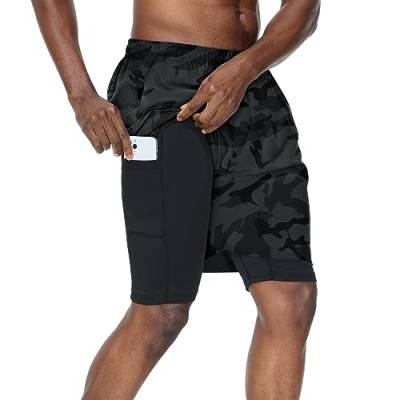 HMIYA Herren 2 in 1 Shorts Fitness Sporthose Kurz Jogginghose Schnelltrocknende Laufhose mit Kompressionsshorts und Taschen Reißverschlussfach(Camo Grau,EU-L/US-M) von HMIYA