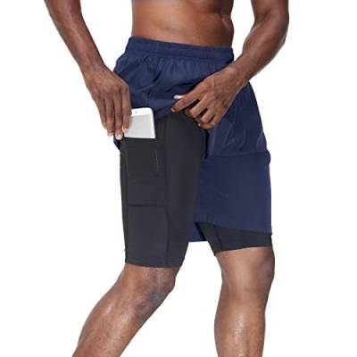 HMIYA Herren 2 in 1 Shorts Fitness Sporthose Kurz Jogginghose Schnelltrocknende Laufhose mit Kompressionsshorts und Taschen Reißverschlussfach(Marine,EU-M/US-S) von HMIYA