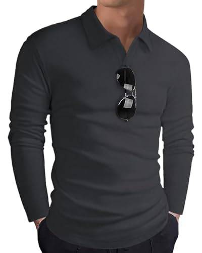 HMIYA Langarmshirt Herren Baumwolle Poloshirt Langarm Sweatshirt V-Ausschnitt Casual T-Shirts (Dunkelgrau,XL) von HMIYA