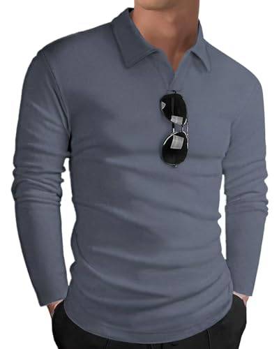 HMIYA Langarmshirt Herren Baumwolle Poloshirt Langarm Sweatshirt V-Ausschnitt Casual T-Shirts (Graublau,M) von HMIYA