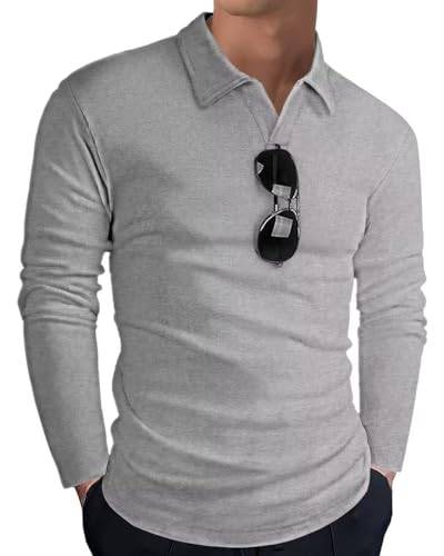 HMIYA Langarmshirt Herren Baumwolle Poloshirt Langarm Sweatshirt V-Ausschnitt Casual T-Shirts (Hellgrau,2XL) von HMIYA