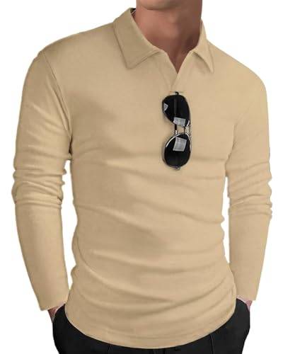 HMIYA Langarmshirt Herren Baumwolle Poloshirt Langarm Sweatshirt V-Ausschnitt Casual T-Shirts (Khaki,3XL) von HMIYA