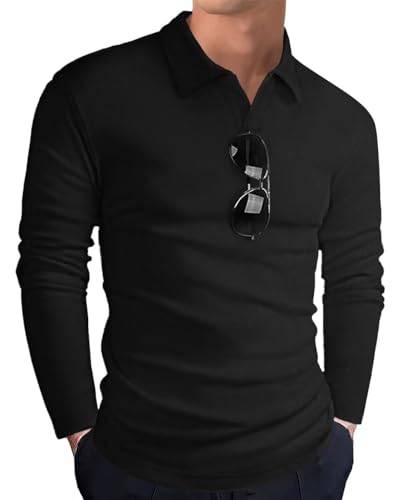 HMIYA Langarmshirt Herren Baumwolle Poloshirt Langarm Sweatshirt V-Ausschnitt Casual T-Shirts (Schwarz,4XL) von HMIYA