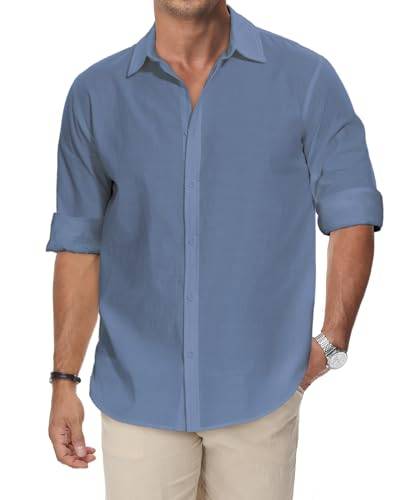HMIYA Leinenhemd Herren Langarm Hemd Knopfleiste Freizeithemd Regular Fit Stehkragen Hemd,Blau,2XL von HMIYA