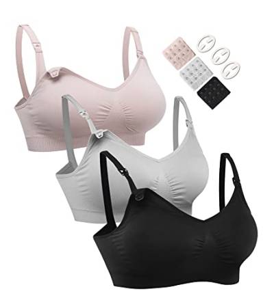 HOFISH Schwangerschafts-BHs, Bralette, Größe S-XXL, mit extra BH-Verlängerungen und Clips, 3 Stück, Schwarz / Grau / elegantes Rosa, X-Large von HOFISH