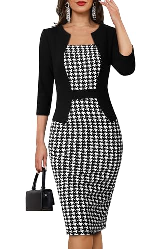 HOMEYEE Damen Vintage 3/4 Ärmel Farbblock Büro Bleistiftkleid Bodycon Split Business Cocktailkleid B784 (L, Hahnentritt) von HOMEYEE