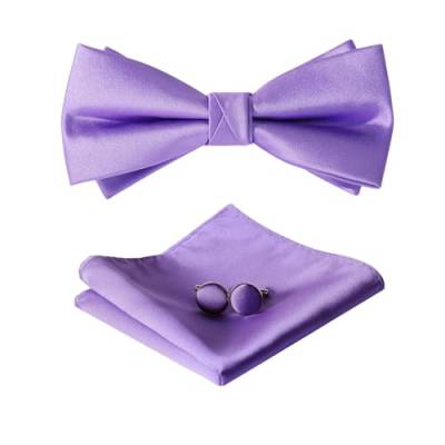 HOULIFE Fliege Herren Set - Verstellbare Fliege aus Satin Polyester Vorgebunden Fliege, einfarbige Einstecktuch, Manschettenknöpfe Set für Bräutigam Hochzeit formal mit Geschenkbox, Lila von HOULIFE