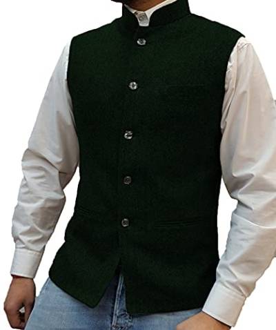 Herren Fischgrat Wollwesten Anzug Business Tweed Hoher Kragen Westen Schlanke Passform(3XL, Armeegrün) von HSLS