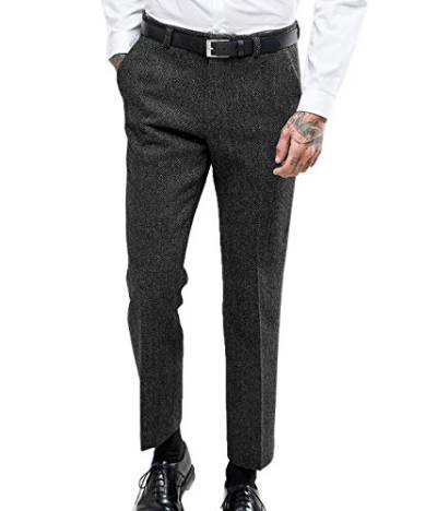 Herren Jahrgang Fischgrät Anzughose Dicke Wolle Flat Front Tweed Hose Schwarz 42 von HSLS