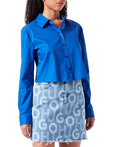 HUGO Damen Etuis Regular-Fit Bluse aus Stretch-Baumwolle in Cropped-Länge Blau 34 von HUGO