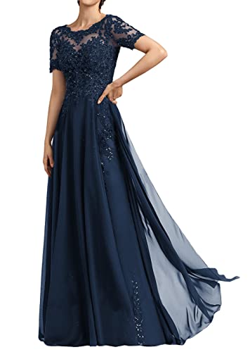 HUINI Damen Abendkleid Lang Spitzen Brautmutterkleid mit Ärmel Chiffon A-Linie Elegant Hochzeit Gast Kleid Navy 46 von HUINI