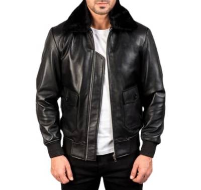 Herren Aviator G1 Pelzkragen Flight Echtlederjacke A2 Abnehmbare Fell Vintage Lederjacke B3 Bomber Style WW2 Navy Pilotenjacke, schwarz-schwarz Fell, L von Hafsah