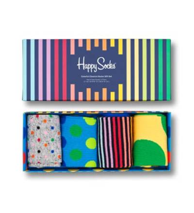 Happy Socks 4-Pack Colorful Classics Socks Set, farbenfrohe und fröhliche, Socken für Männer und Frauen, Blau-Rosa-Gelb-Grün-Rot-Orange-Grau (36-40) von Happy Socks