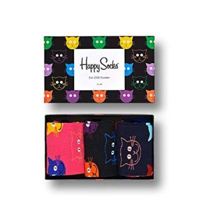 Happy Socks – Gemischt farbenfrohe Geschenkbox an Baumwollsocken für Männer und Frauen, Cat Gift Box, 41-46 von Happy Socks