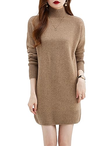 Hcclijo Damen Pullover 100% Merinowolle Langer Pullover Kleid Warm Langärmelig Strick Pullover Rollkragen Pullover Tan M von Hcclijo