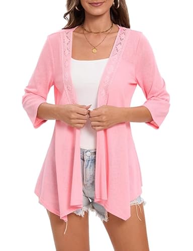 Damen Leichte Strickjacke Sommer Boho 3/4 Arm Kimono Cardigan Bolerojacke mit Spitze Solid Sommerjacke Rosa XXL von Hobrounn