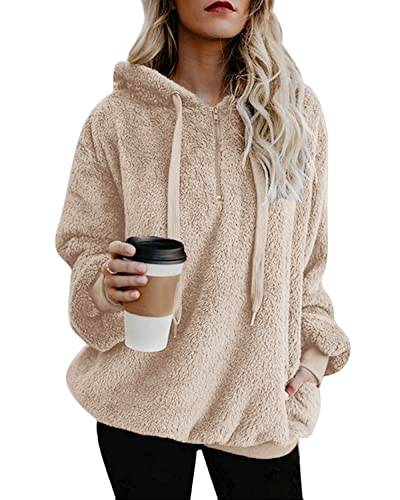 Damen Pullover Teddy Hoodie Warm Teddy-Fleece Kapuzenpullover Oversize Sweatshirt Langarm Lose Winter Pulli Tops Oberteile mit Tasche (Khaki, XXL) von Hormtaer