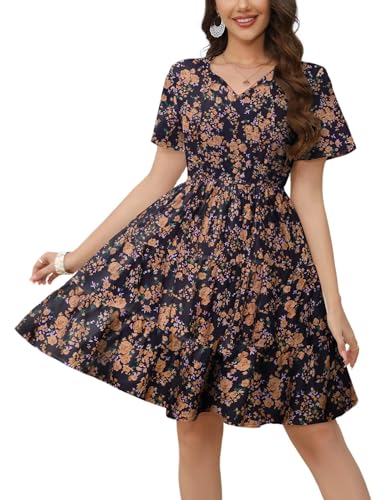 Hotouch Damen Sommerkleid V-Ausschnitt Bohemian Kleid Tunika Kurzarm Kleider Knielang Strandkleider Blumen Freizeitkleid Wickelkleid Schwarz blumig M von Hotouch