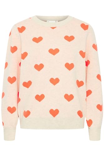 ICHI IHBRIELLE LS2 Damen Strickpullover Pullover Pulli Rundhals 43% Polyester, 35% Acryl, 22% Nylon Loose fit, Größe:M, Farbe:Oatmeal w. Hot Coral (203204) von ICHI