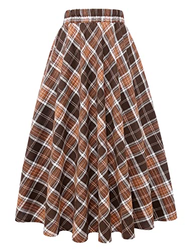 IDEALSANXUN Damen Plaid Rock Elastische Taille A-Linie Midi Faltenröcke, Braun, 3X-Groß von IDEALSANXUN