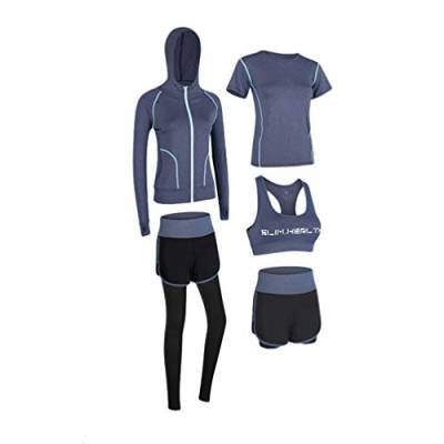 IFIKK Damen 5er-Set Sportanzug-Set Trainingsanzug-Sets Schnelltrocknend Laufen Fitness Workout Joggen Laufbekleidung Damen Yoga-Bekleidung Sportbekleidung-Sets (Dunkelblau 5 Stück, S) von IFIKK