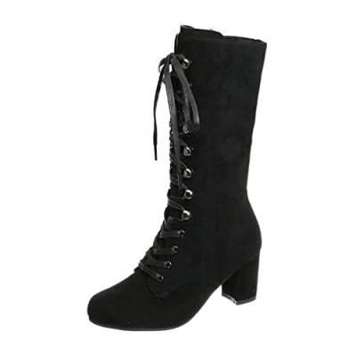 IFIKK Damen Mode Schnürstiefel Elegante Stiefel Mit Mittlerem Absatz Lässige Einfarbige über Knielange Lange Stiefel Gothic Vintage Retro Punk Stiefel Kurze Ferse Spitze Zehenstiefel (Schwarz,35) von IFIKK