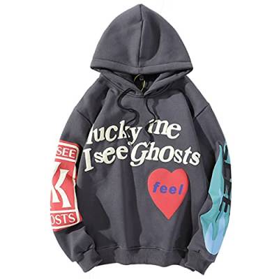 IFIKK Herren Kapuzenpullover Lucky Me I See Ghosts Hoodie Pullover Hip Hop Sweatshirt Kapuzenjacke Langarm Kapuzenpullover Rundhalsausschnitt Street Style Hoodie (M, Grau Frontdruck) von IFIKK