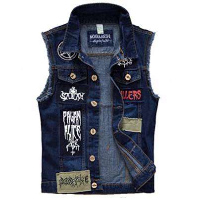 IFIKK Klassische Vintage Herren Jeans Weste ärmellose Jacken Mode Patch Designs Punk Rock Style zerrissene Cowboy ausgefranste Denim Weste Tanks (ST 1,5XL) von IFIKK