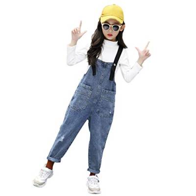IFIKK Mädchen Overall Jeans Jumpsuit Kinder Latzhose Freizeit Denim Hosen Lang Overall Jeans Strampler Mit Hosenträger Jeanshose One Piece Jumpsuit (Blau, 140) von IFIKK