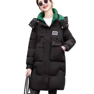 IFIKKK Winter Rhombische Gitter Lose Jacke Mantel Frauen Einfarbig Große Tasche Kapuzen Jacken Lässig Mittellangen Parka (Schwarz,M) von IFIKK