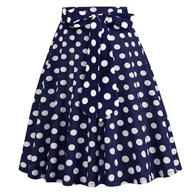 Damen 1950er Jahre Vintage Rock A Linie Faltenrock Hohe Taille Midirock Blumendruck Tellerrock Polka Dot Rockabilly Swing Rock mit Gürtel Knielang Partyrock Marineblau S von IMEKIS