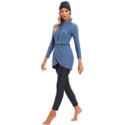 IMEKIS Damen Burkini Muslim Badeanzug Blume Bescheidene Bademode Islamisches Schwimmanzug Langarm Rash Guard Reißverschluss Badeoberteil mit Badehose Hijab 3tlg Tankini Set Blau+Schwarz XL von IMEKIS