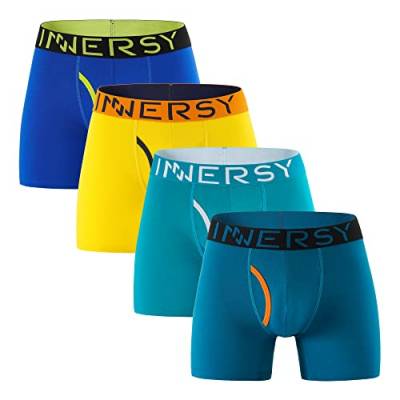 INNERSY Unterhosen Männer Lang Boxershorts mit Eingriff Baumwolle Retroshorts Herren 4er Pack (L, Blau/Grün/Eisblau/Gelb) von INNERSY