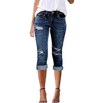 IQYU Capri Jeans Damen Stretch Destroyed - Caprihosen Damen 3/4 Strech Jeans-Hosen Sommer Freizeithose Leicht Jeanshose Kurze Hosen 7/8 Damenhosen High-Waist Caprihose Zerissen-Jeans Bermudas Shorts von IQYU