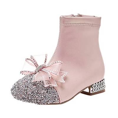 IQYU Glitzer Lederschuhe für Mädchen Glitzer Stiefeletten Kinder Low Heel Dress Booties Fashion Side Zipper Short Boots Bow Schuhe Hausschuhe 31 (Pink, 33 Big Kids) von IQYU