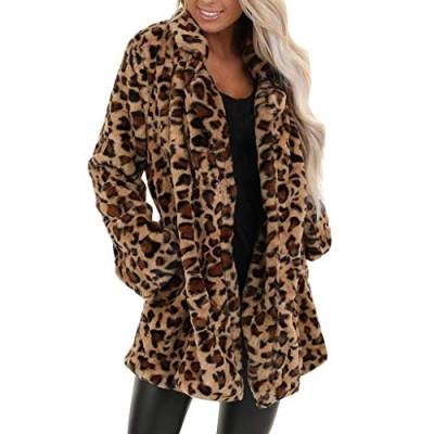 IQYU Pelzmantel Damen, Fellmantel Mit Leoprint Kunstpelz Jacke Langarm Cardigan Mit Taschen Pelzjacke Faux Fur Mantel Herbst Winter Übergangsjacke Felljacke-Winterjacke Kunstfell Mantel Herbstmantel von IQYU