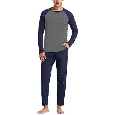 IQYU Schlafanzug Herren Lang Baumwolle Hose Pyjama Lang Baumwolle Dünner Stoff-Nachthemd Kariert-Schlafanzughose Mit Tasche Langarm-Schlafanzugoberteile Hausanzug Sleepwear Nachtwäsche von IQYU