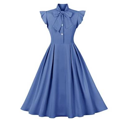 Damen Cocktailkleid mit Revers, Vintage-Stil, V-Ausschnitt, 50er-/60er-Jahre-Stil, Knopfleiste, Rockabilly, Abschlussball, Midi-Abendkleid mit Taschen, Blaue Kappe, X-Groß von IWEMEK