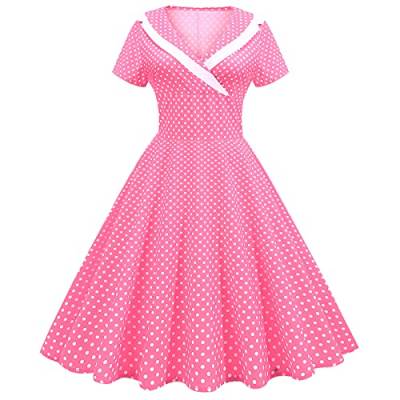 Damen Notch Revers Vintage V-Ausschnitt Cocktail Swing Kleid 50er 60er Jahre Knopfleiste 1950er Rockabilly Prom Midi Abendkleid mit Taschen, Pink mit weißen Punkten, Groß von IWEMEK