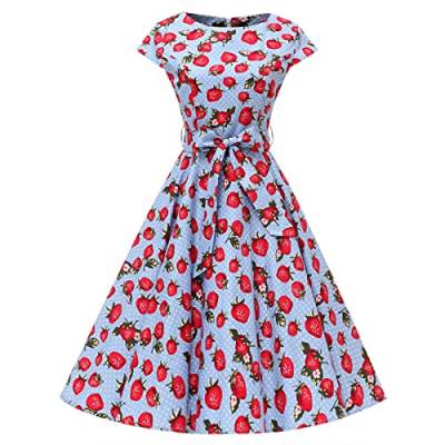 Frauen 50er 60er Jahre Vintage Ärmellos Cocktail Swing Kleid 1950er Jahre Polka Dot Floral Audrey Rockabilly Abschlussball Party Kleid mit Gürtel, Blaue Erdbeer-Kappe, Klein von IWEMEK