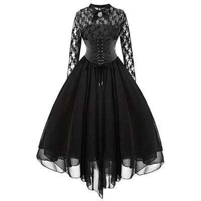 Frauen Steampunk Gothic Kleid mit Korsett Halfter Floral Spitze Cocktail Swing Kleid Taschentuch Saum Halloween Punk Hippie Kleid, Schwarzes Langarmshirt, Mittel von IWEMEK